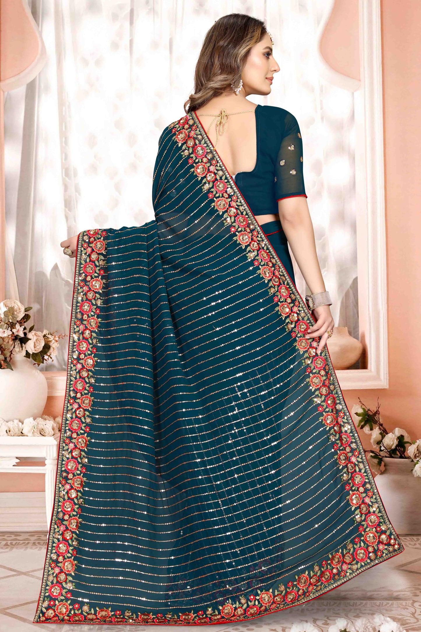 Teal Colour Georgette Designer Saree