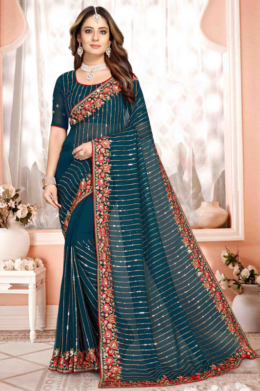 Teal Colour Georgette Designer Saree