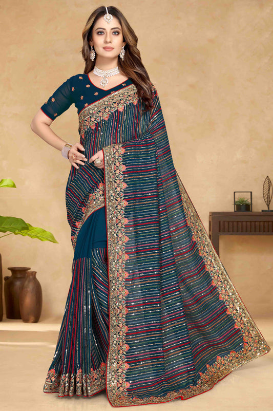 Teal Colour Georgette Designer Saree