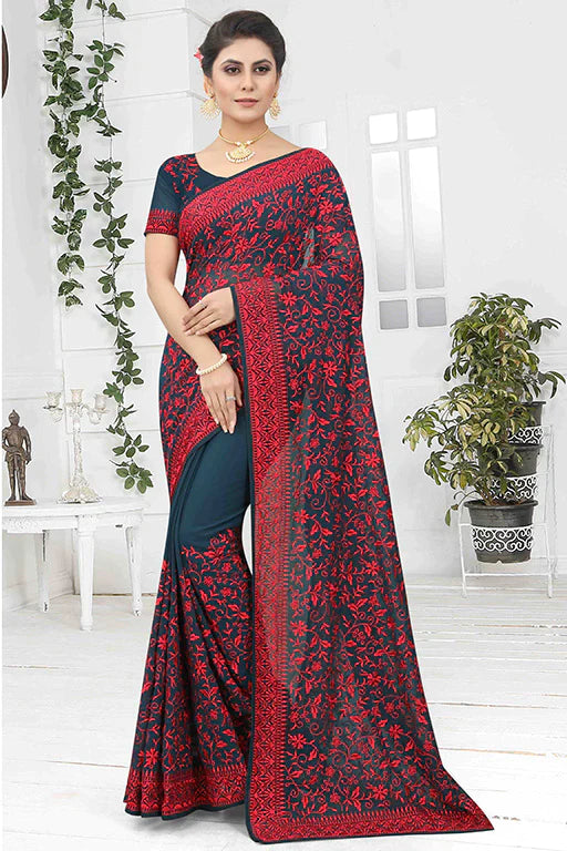 Teal Colour Georgette Designer Saree