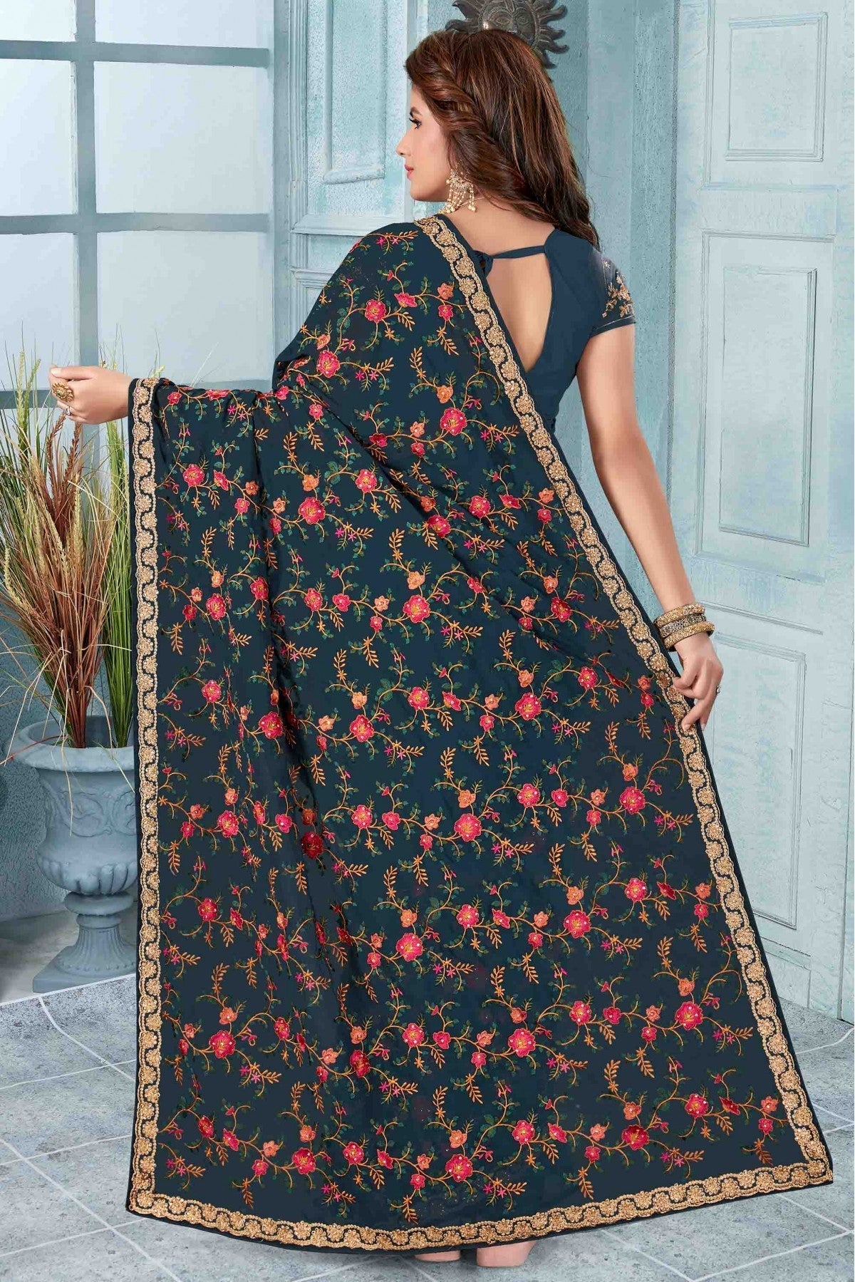 Teal Colour Georgette Designer Saree