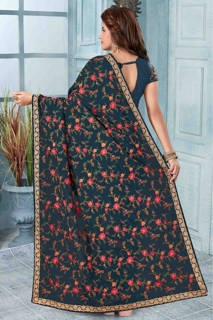 Teal Colour Georgette Designer Saree