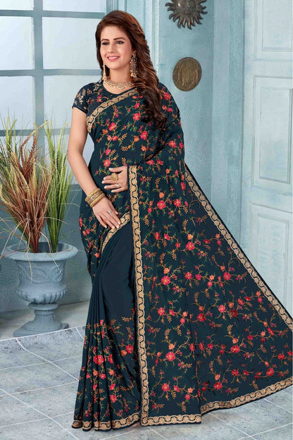 Teal Colour Georgette Designer Saree