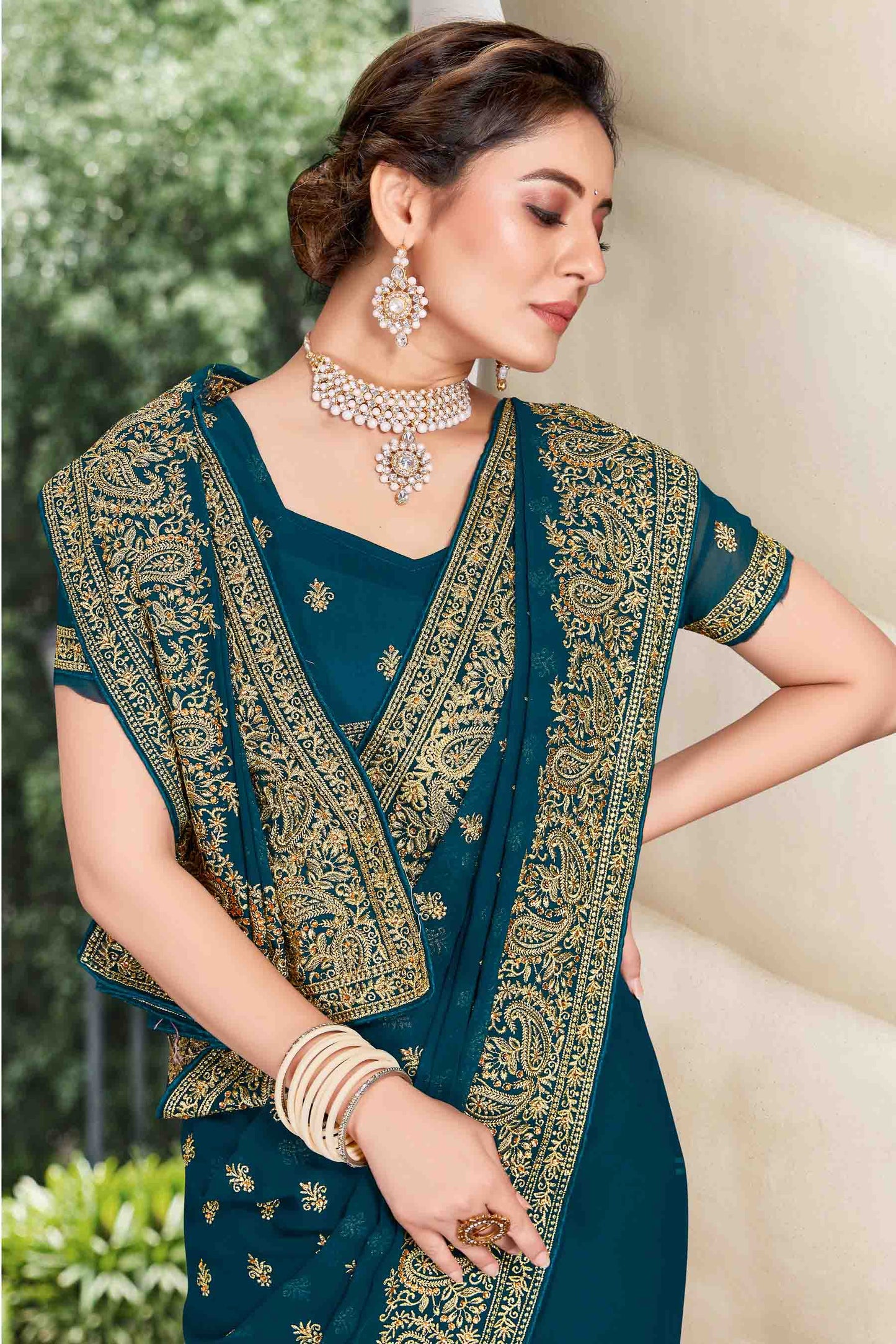 Teal Colour Georgette Designer Saree