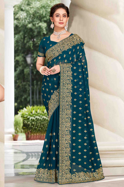 Teal Colour Georgette Designer Saree