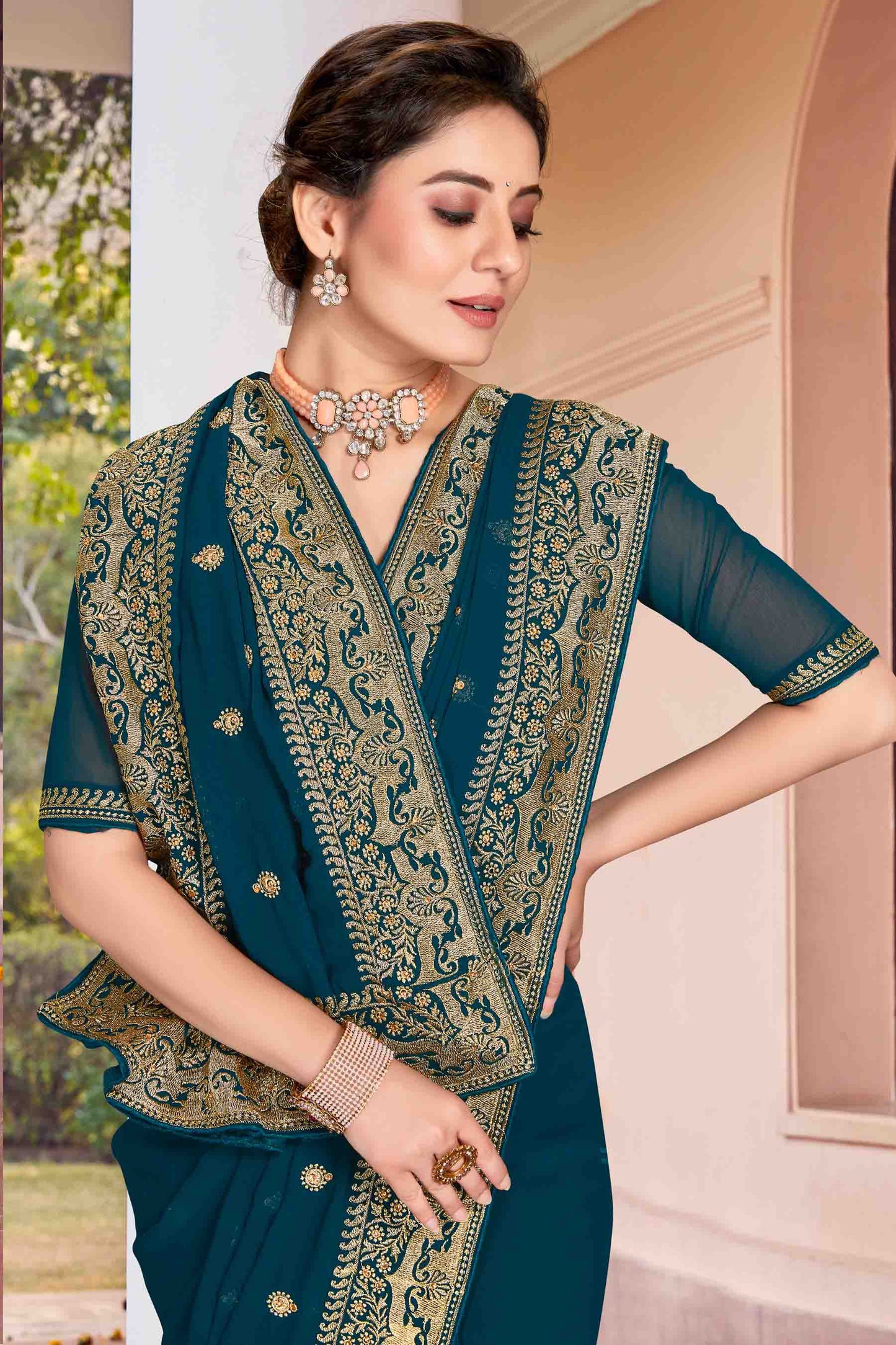 Teal Colour Georgette Designer Saree