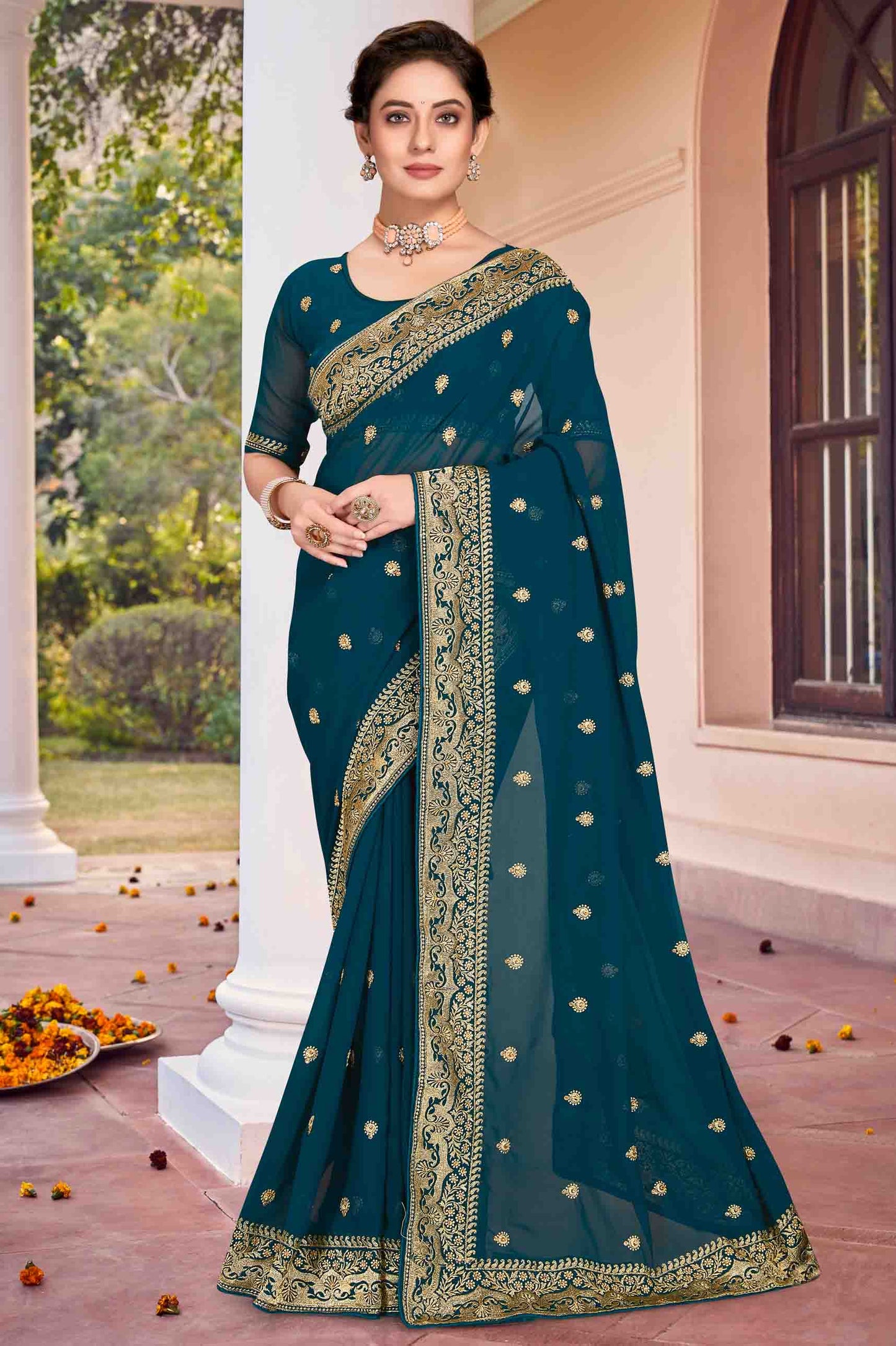 Teal Colour Georgette Designer Saree