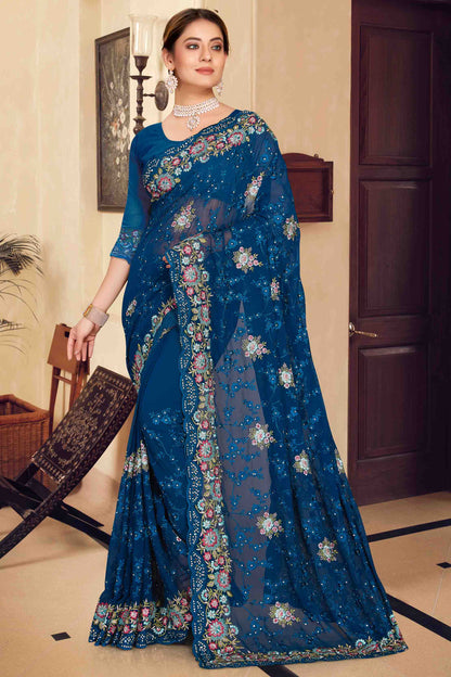 Teal Colour Georgette Designer Saree