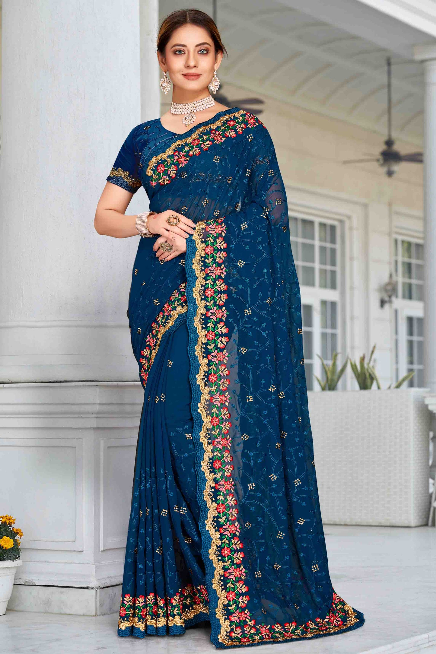 Teal Colour Georgette Designer Saree