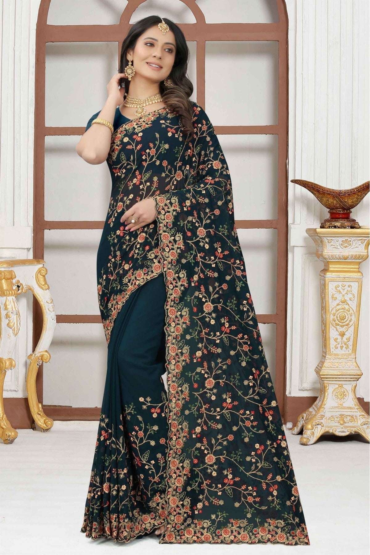 Teal Colour Georgette Embroidery Saree