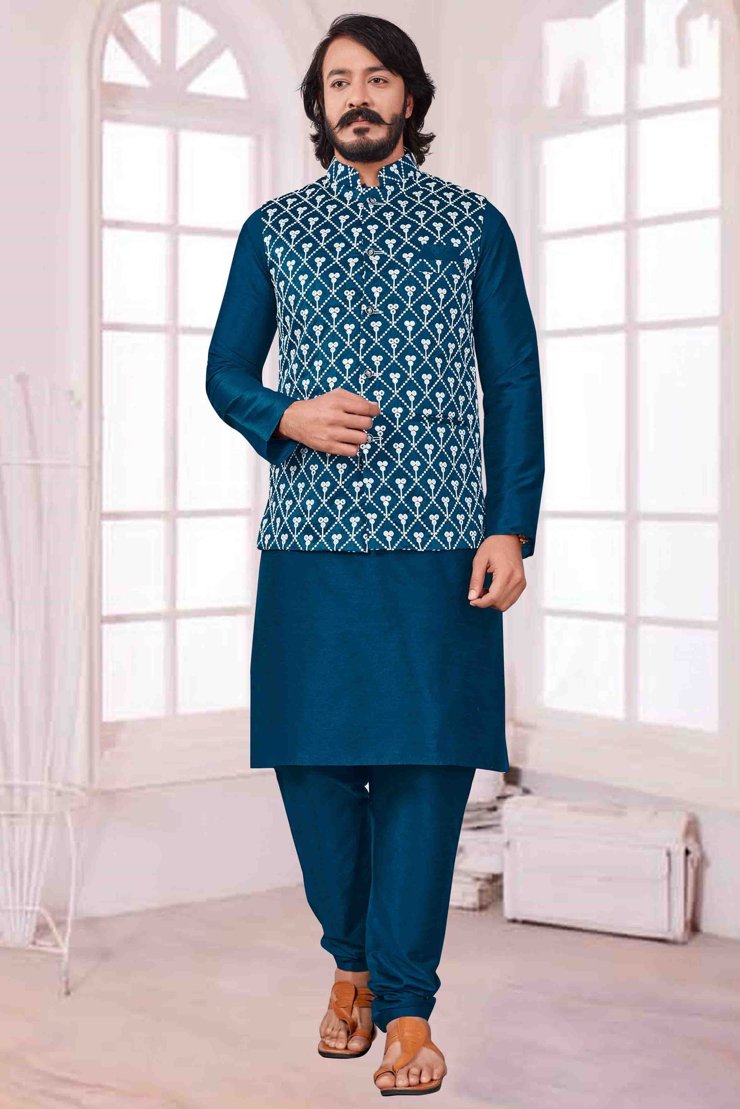 Teal Colour Kurta Pajama With Jacket In Art Silk