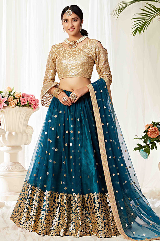 Teal Colour Net Designer Lehenga Choli