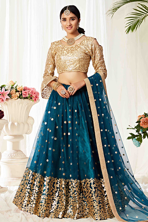 Teal Colour Net Designer Lehenga Choli