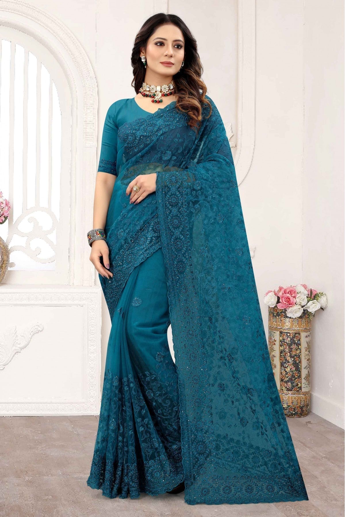 Teal Colour Net Designer Saree