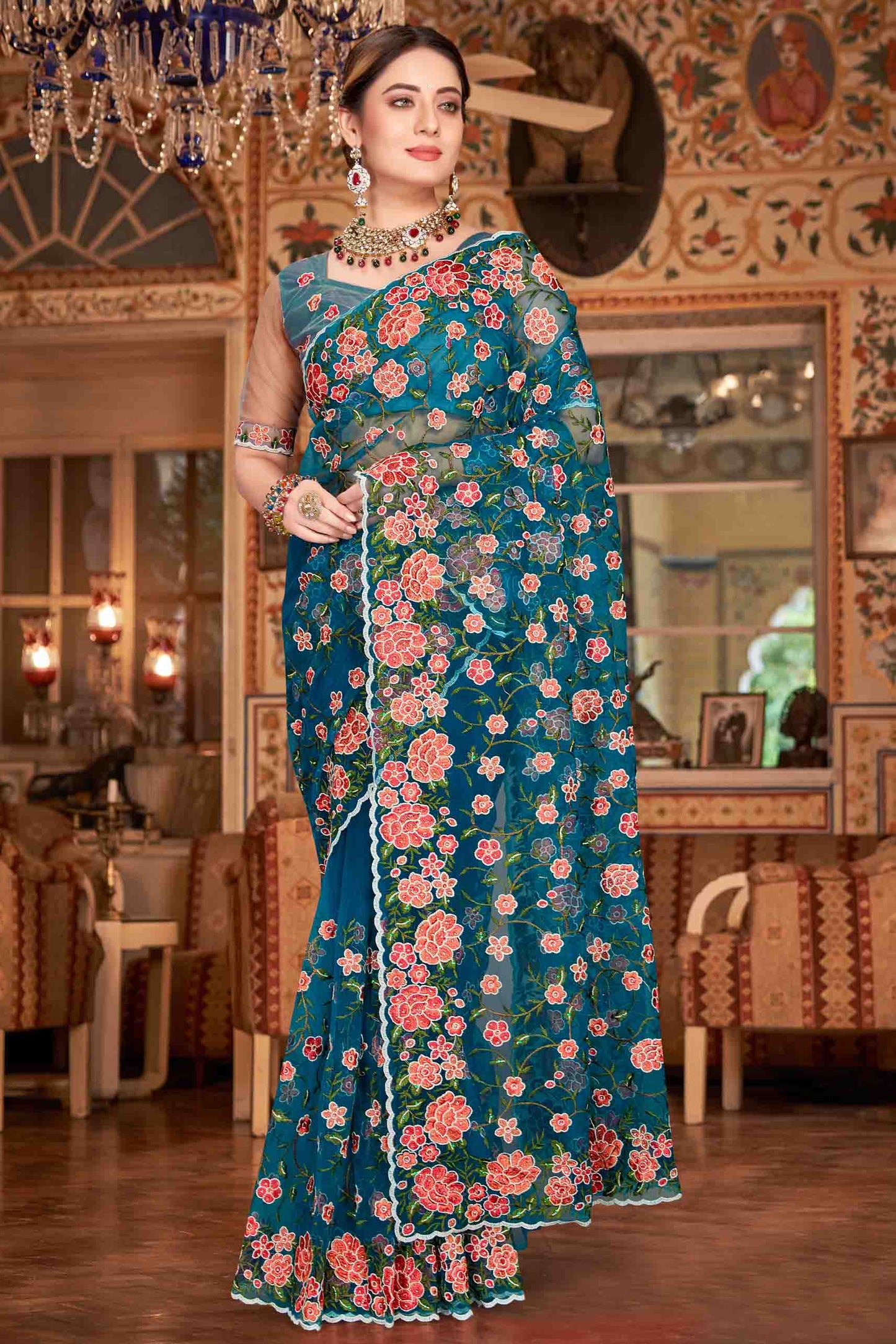 Teal Colour Net Designer Saree