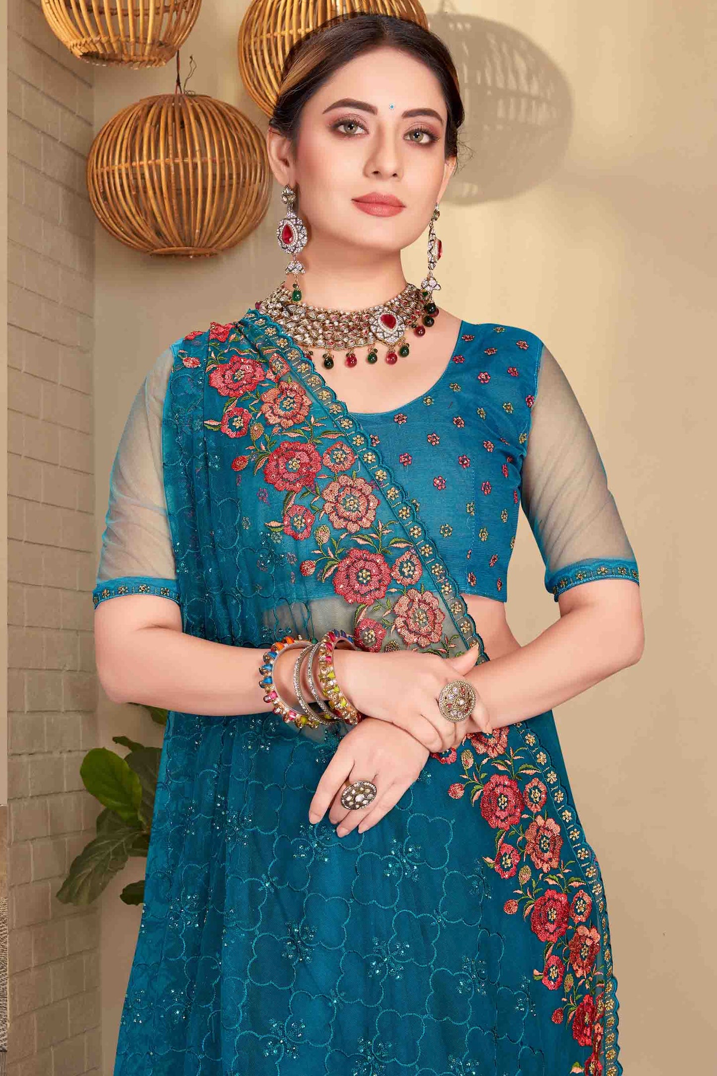 Teal Colour Net Designer Saree