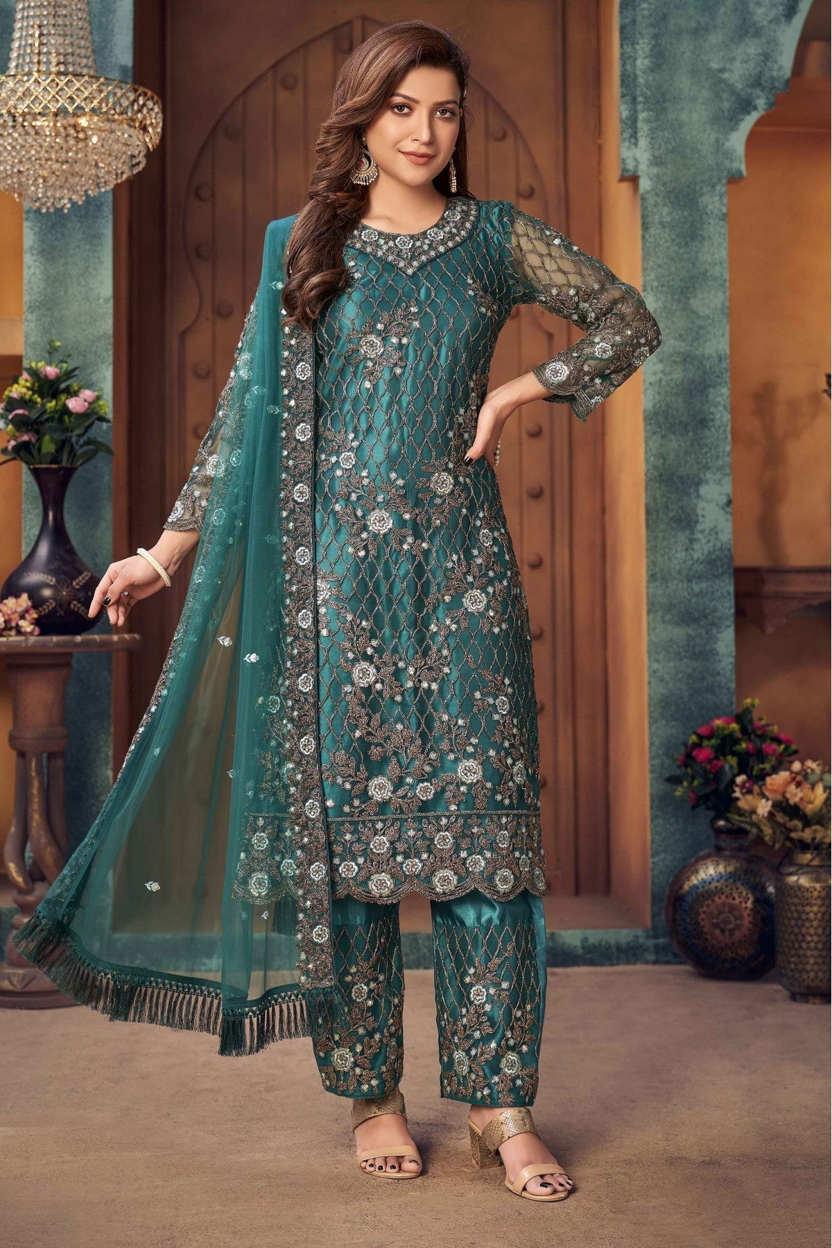 Teal Colour Net Pant Style Suit