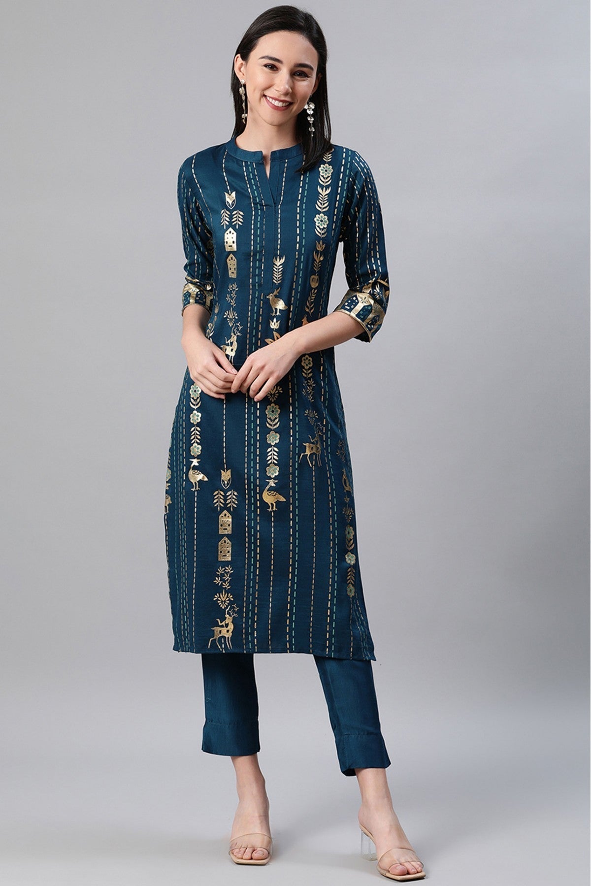 Teal Colour Plus Size Rayon Foil Print Kurti With Pant Set