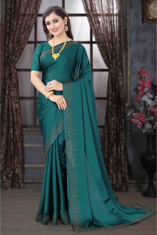 Teal Colour Pure Satin Designer Saree