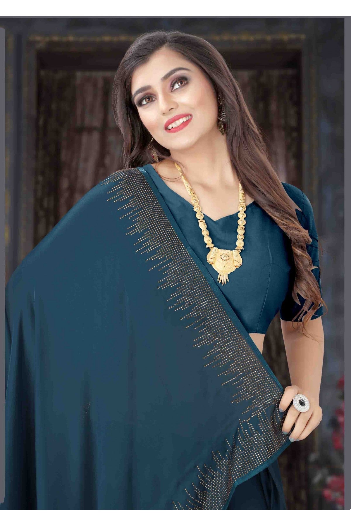 Teal Colour Pure Satin Designer Saree