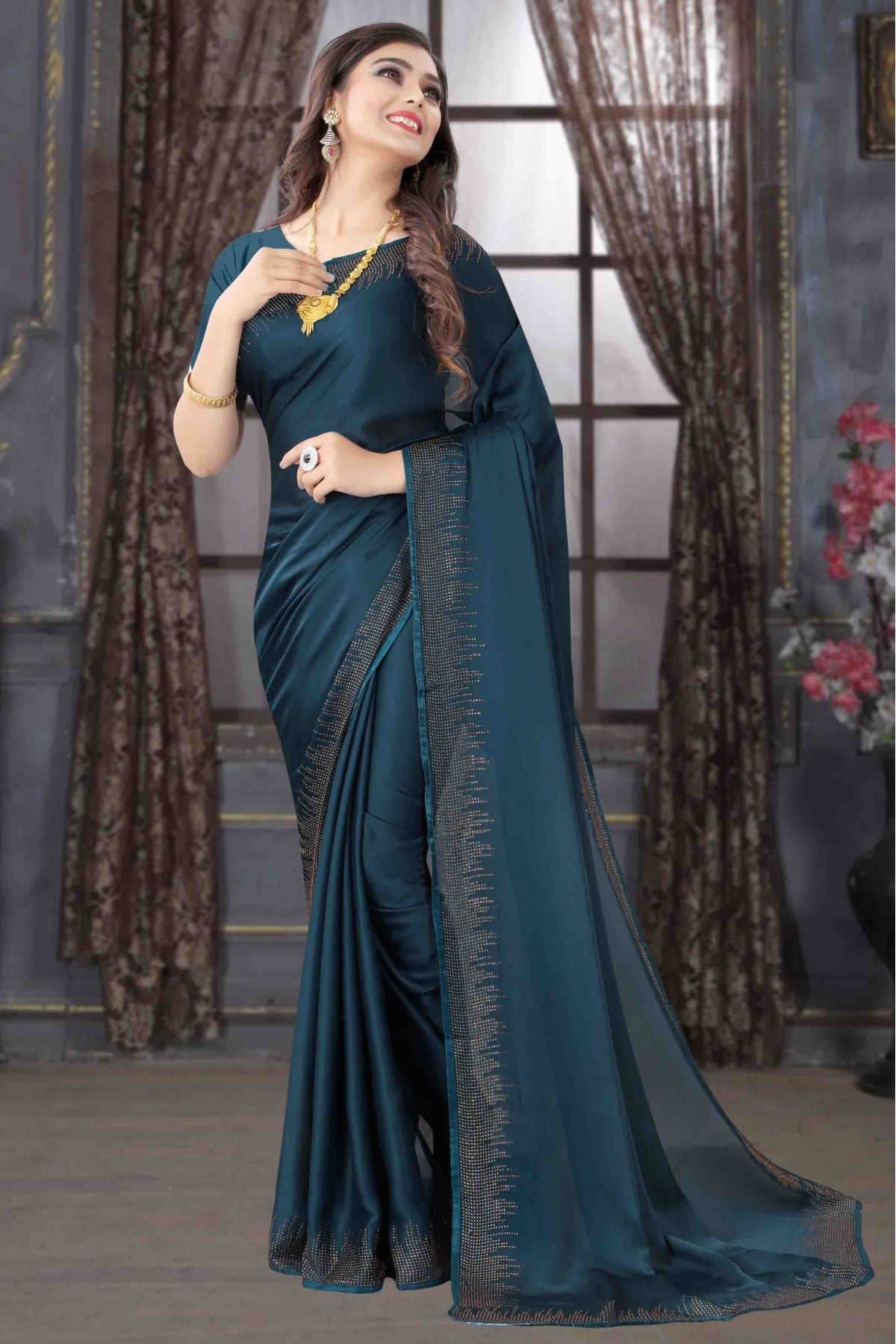 Teal Colour Pure Satin Designer Saree