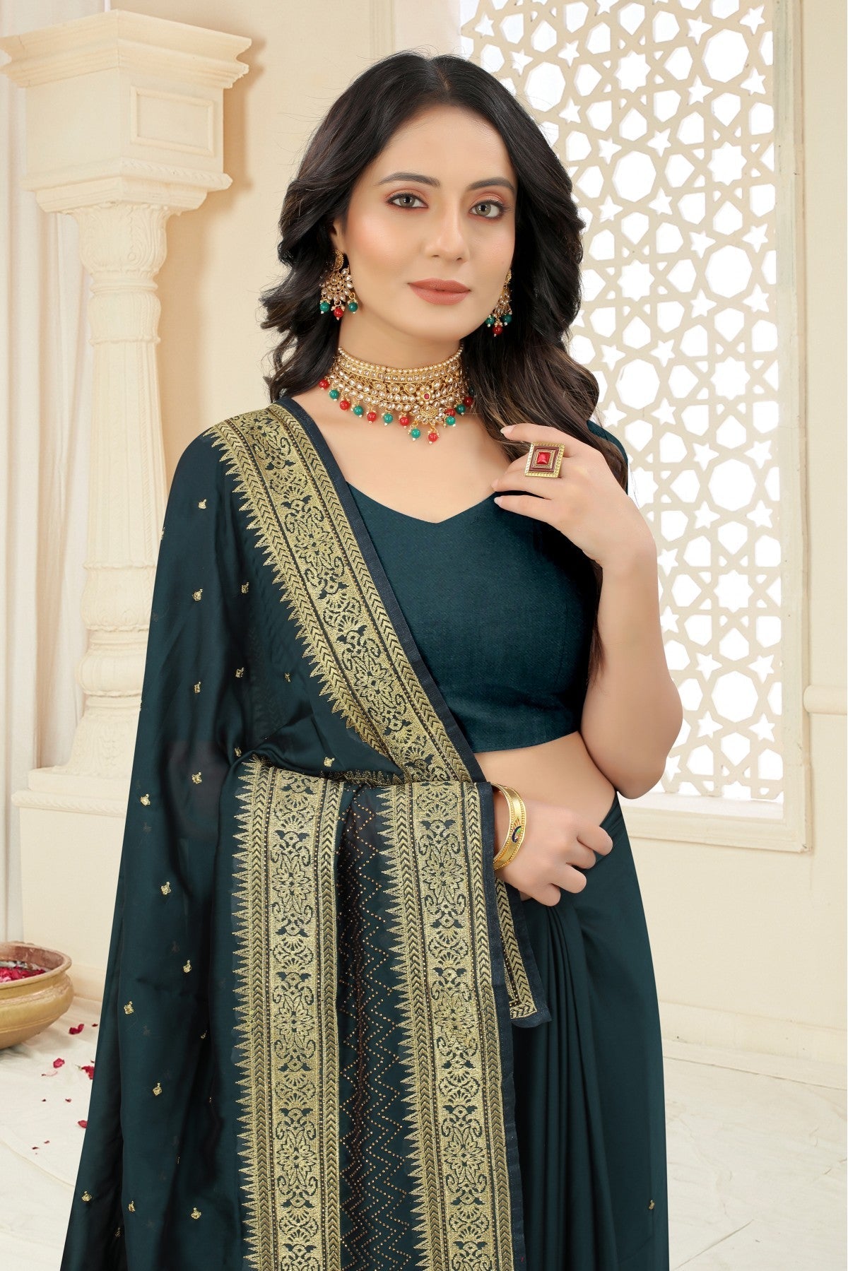 Teal Colour Rangoli Silk Embroidery Saree