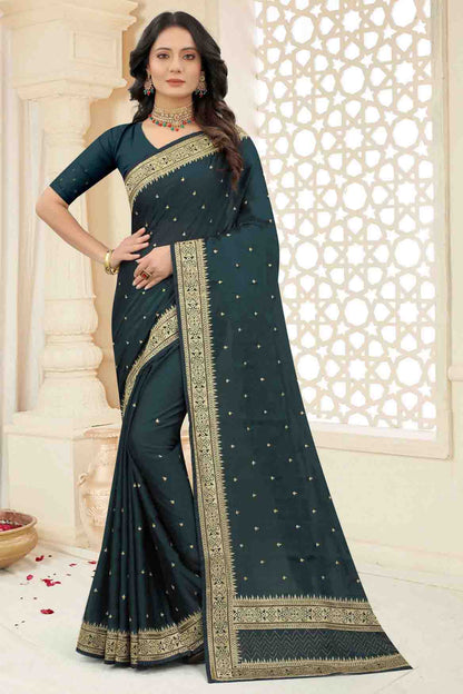 Teal Colour Rangoli Silk Embroidery Saree