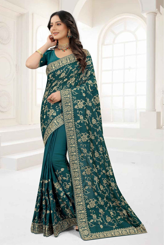 Teal Colour Satin Silk Embroidery Saree