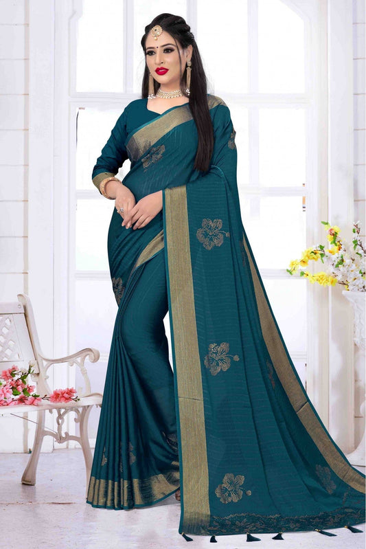 Teal Colour Silk Satin Designer Saree