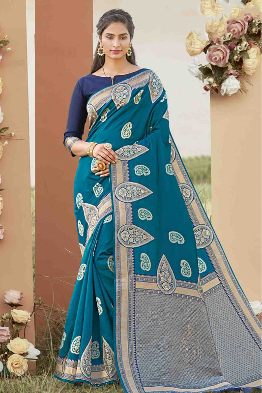 Teal Colour Silk Traditional Saree