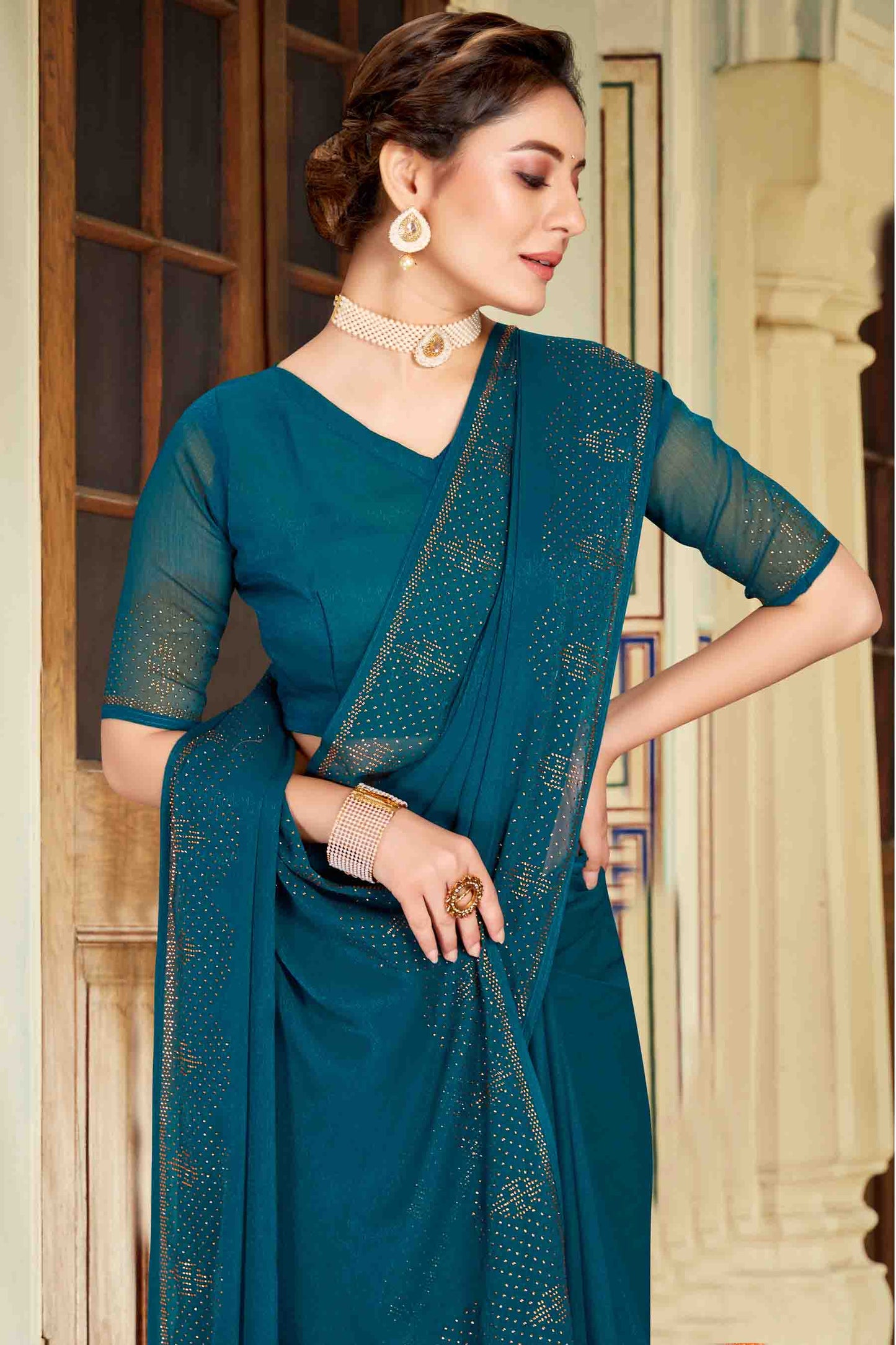 Teal Colour Simmer Chiffon Designer Saree