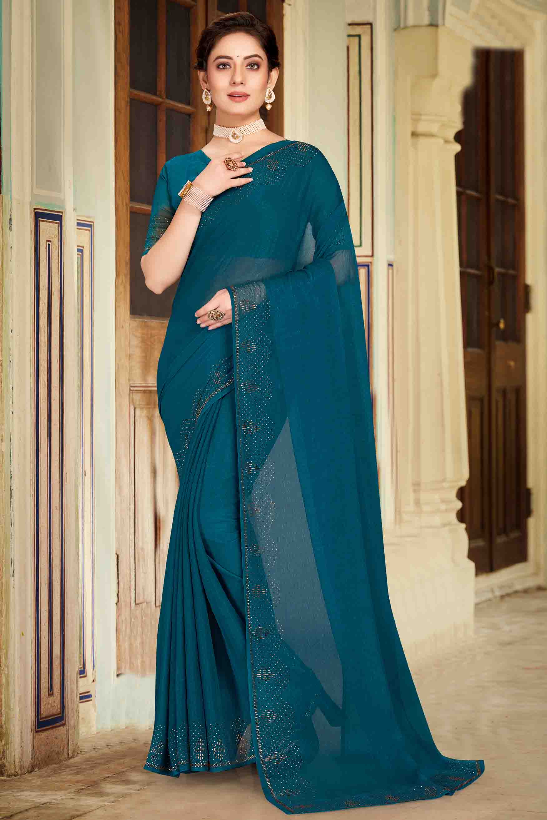 Teal Colour Simmer Chiffon Designer Saree