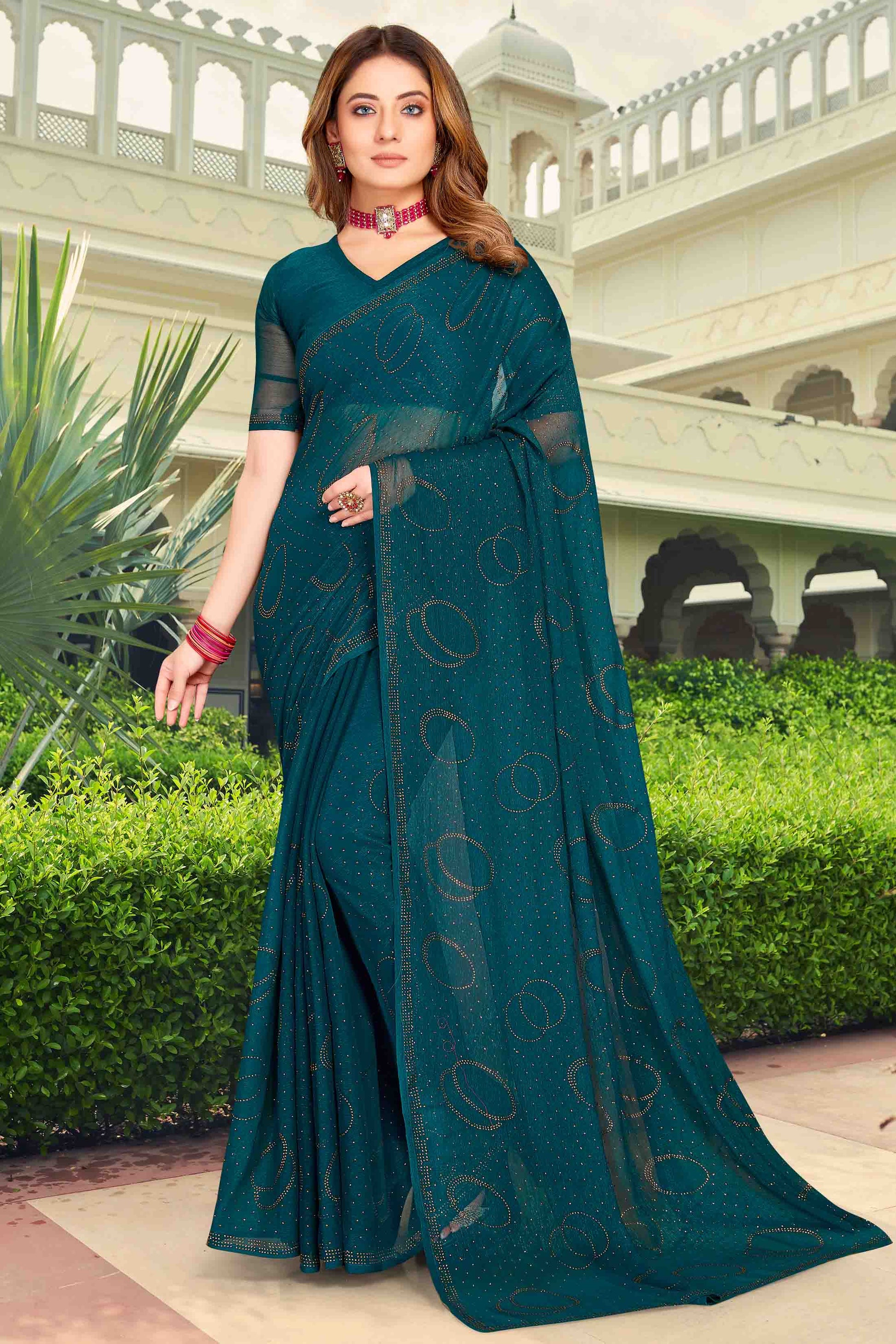 Teal Colour Simmer Chiffon Designer Saree