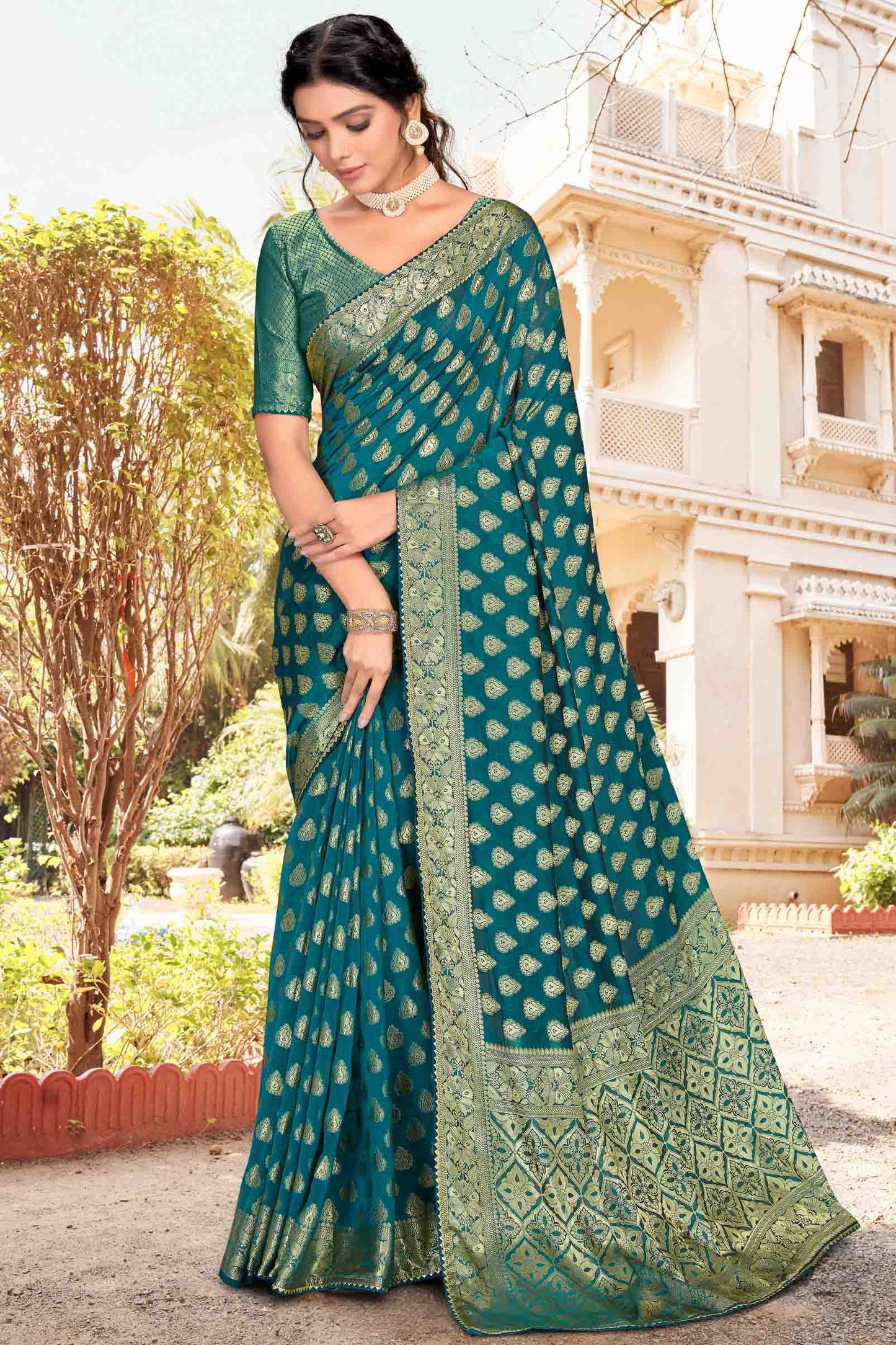 Teal Colour Soft Silk Designer Saree