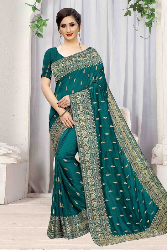 Teal Colour Vichitra Silk Designer Saree