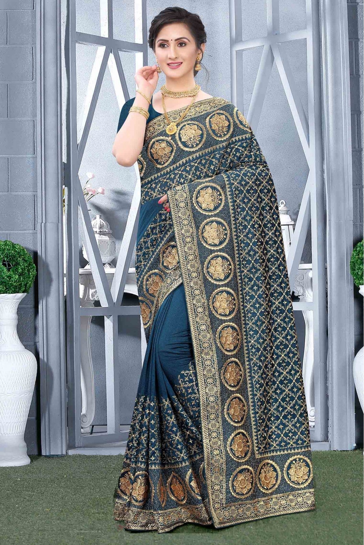 Teal Colour Vichitra Silk Designer Saree