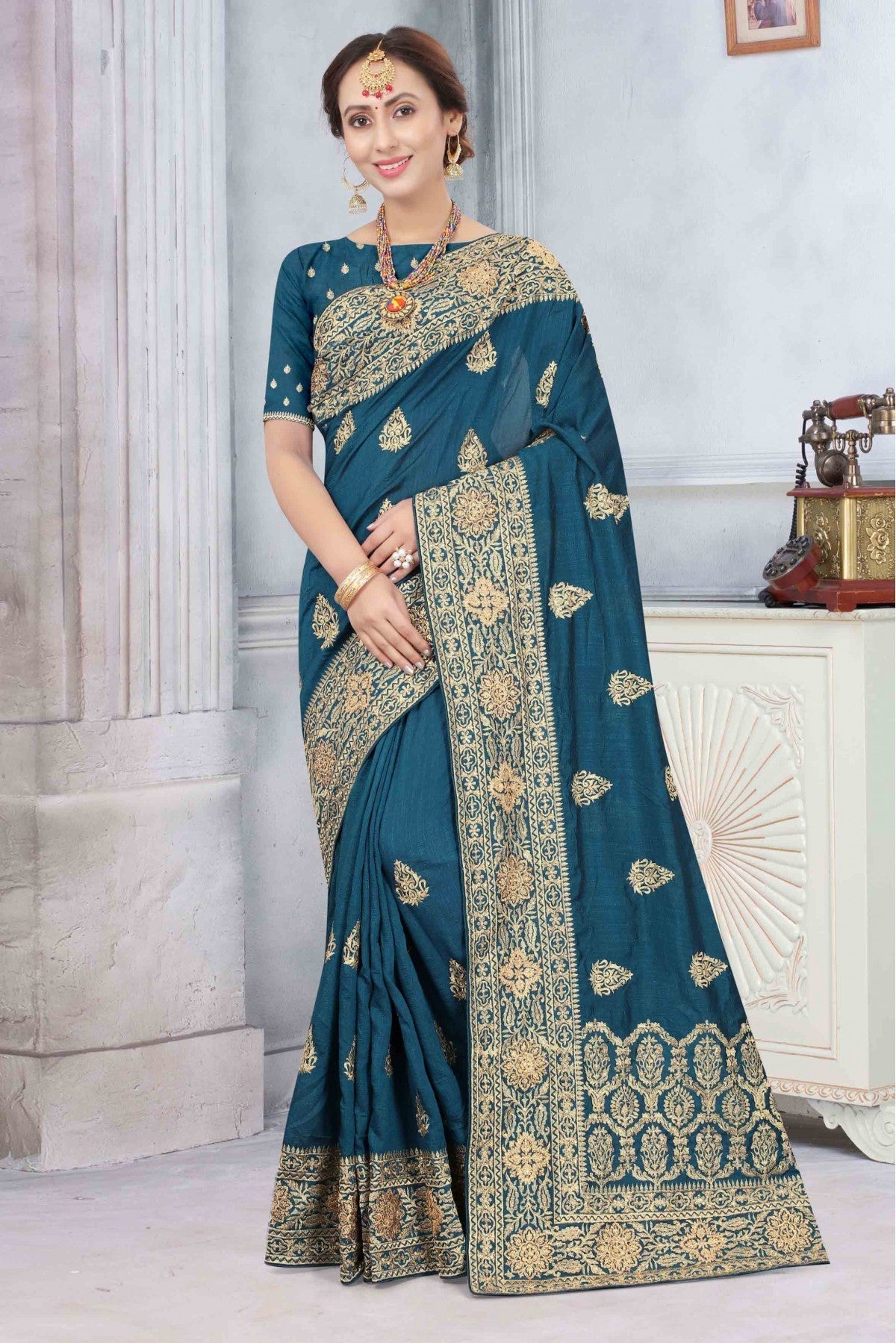 Teal Colour Vichitra Silk Designer Saree