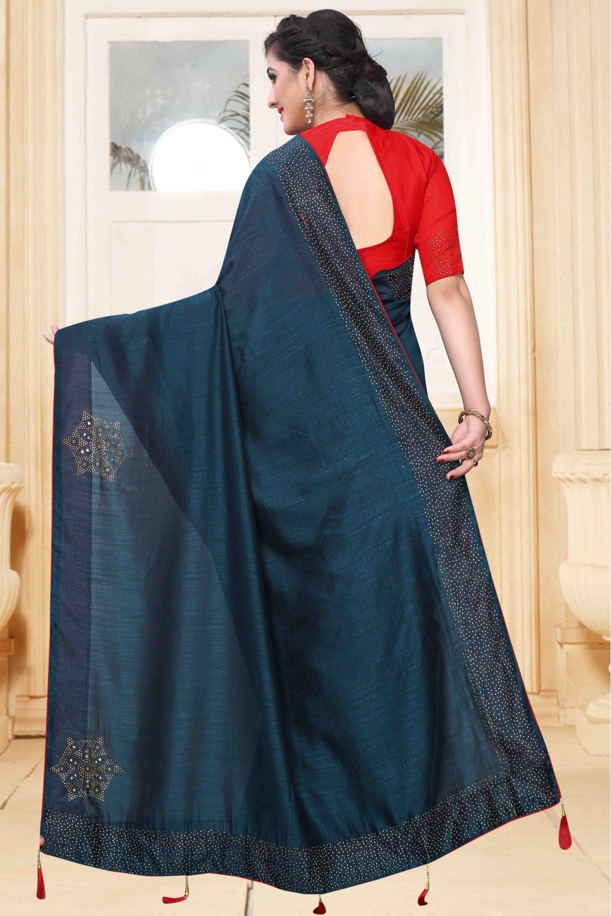 Teal Colour Vichitra Silk Designer Saree