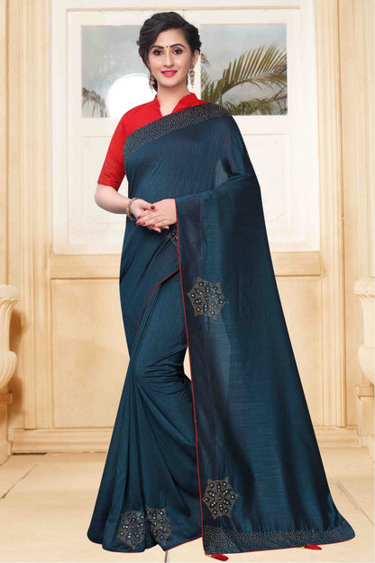 Teal Colour Vichitra Silk Designer Saree