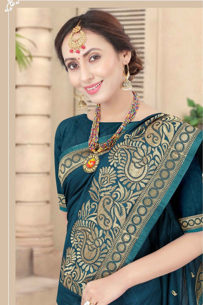 Teal Colour Vichitra Silk Designer Saree