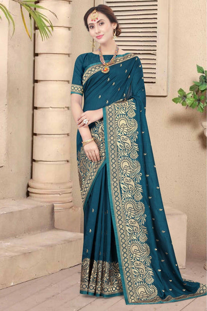 Teal Colour Vichitra Silk Designer Saree