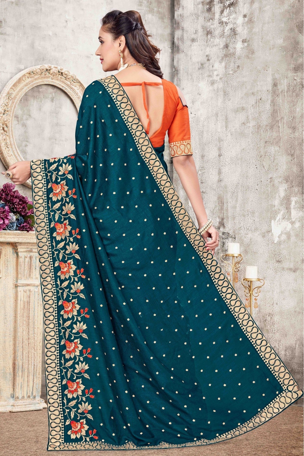 Teal Colour Vichitra Silk Designer Saree