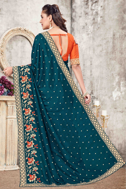 Teal Colour Vichitra Silk Designer Saree