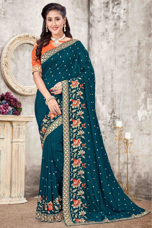 Teal Colour Vichitra Silk Designer Saree