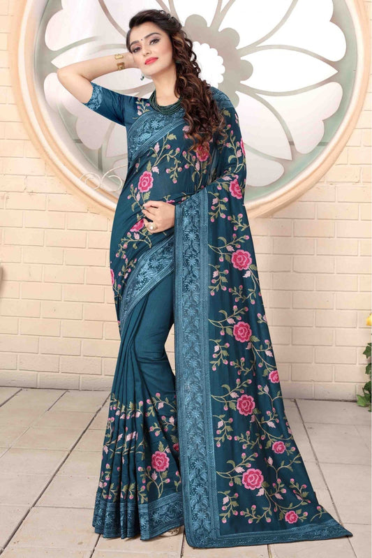 Teal Colour Vichitra Silk Designer Saree