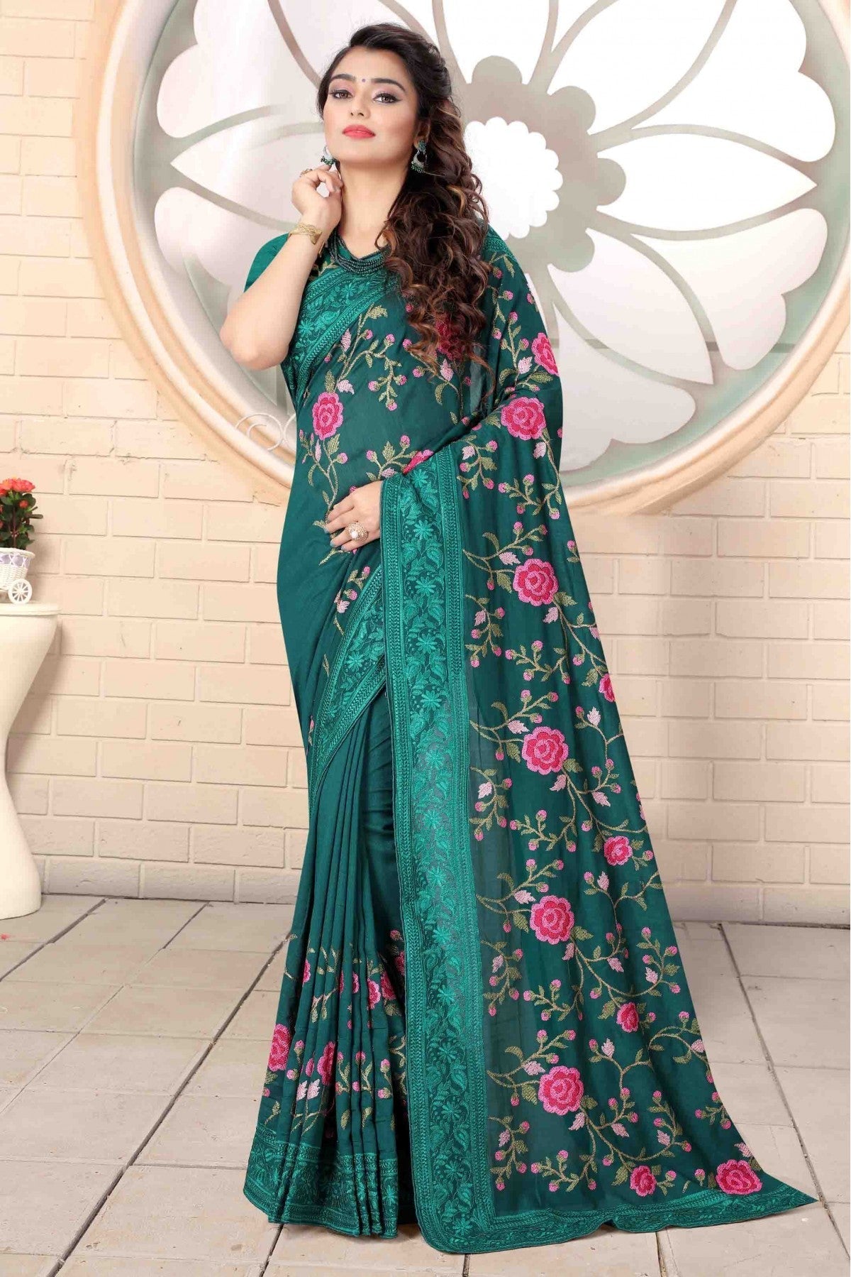 Teal Colour Vichitra Silk Designer Saree