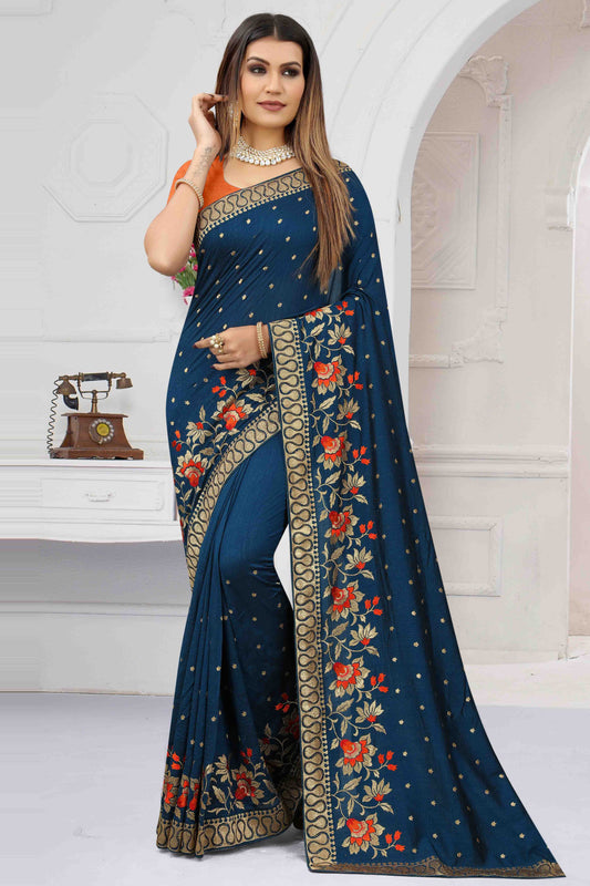 Teal Colour Vichitra Silk Designer Saree