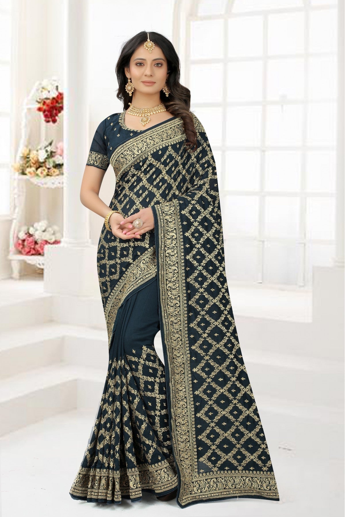 Teal Colour Vichitra Silk Embroidery Saree