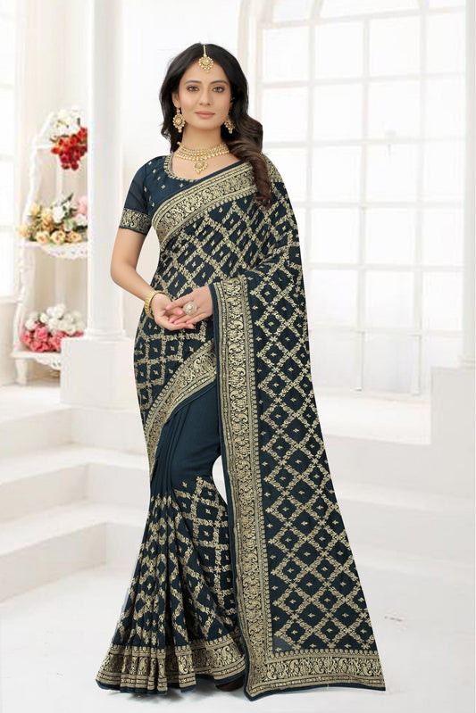 Teal Colour Vichitra Silk Embroidery Saree