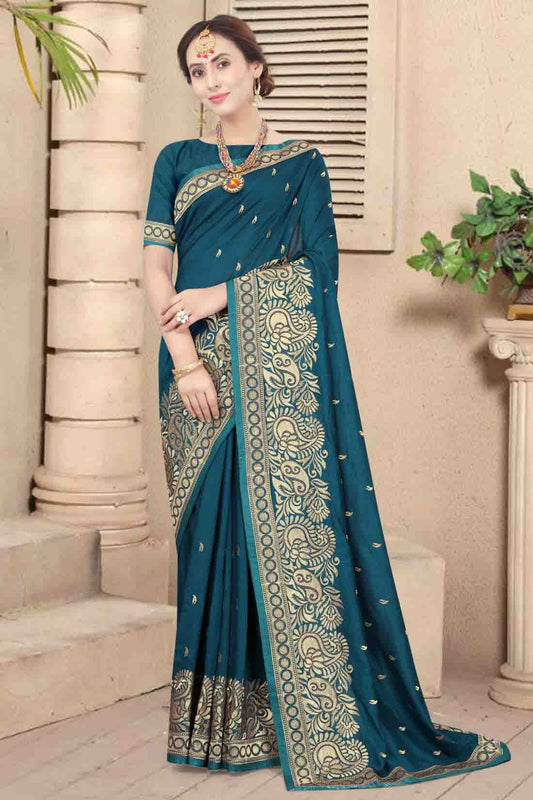 Teal Colour Vichitra Silk Embroidery Saree